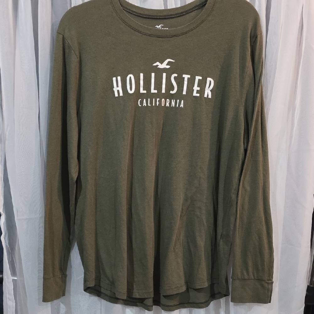 Hollister Olive Green Long Sleeve Tee with White Logo